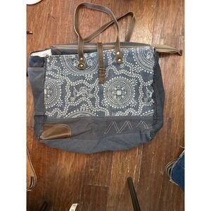 Myra Bag Blue White Mandala Canvas Leather Trimmed Tote Bag western minimalist‎